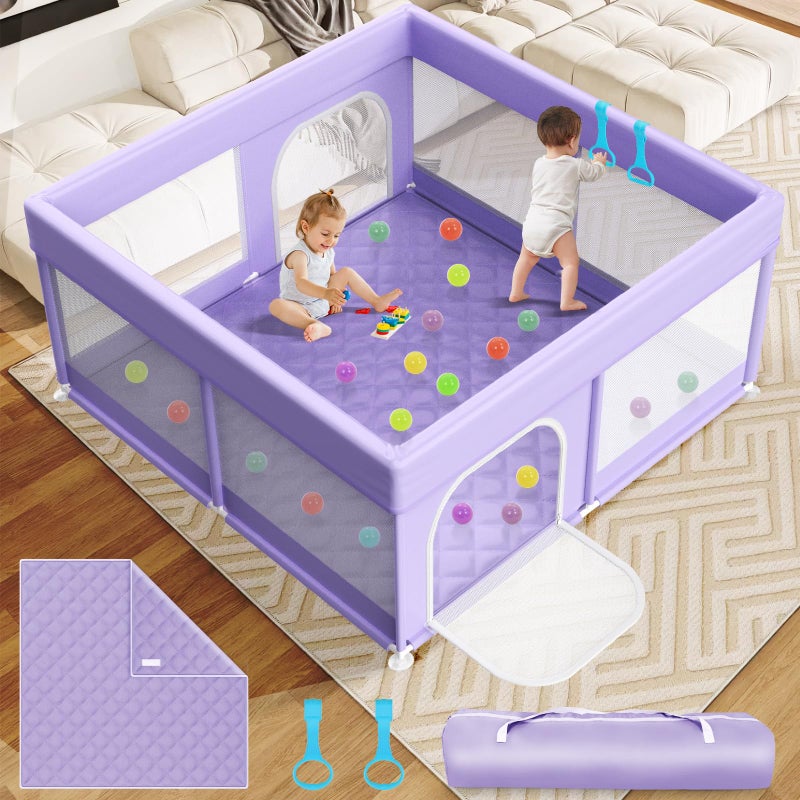 Abdtech Baby Playpen with Mat 64"x64" - Playpen for Babies and Toddlers with Mat for Apartment - Play Yard with mat Included - Soft Breathable Mesh - All-Wrapped Sponge Play Pen with Handle & Bag (Purple) - Image 1