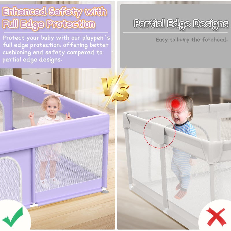 Abdtech Baby Playpen with Mat 64"x64" - Playpen for Babies and Toddlers with Mat for Apartment - Play Yard with mat Included - Soft Breathable Mesh - All-Wrapped Sponge Play Pen with Handle & Bag (Purple) - Image 5