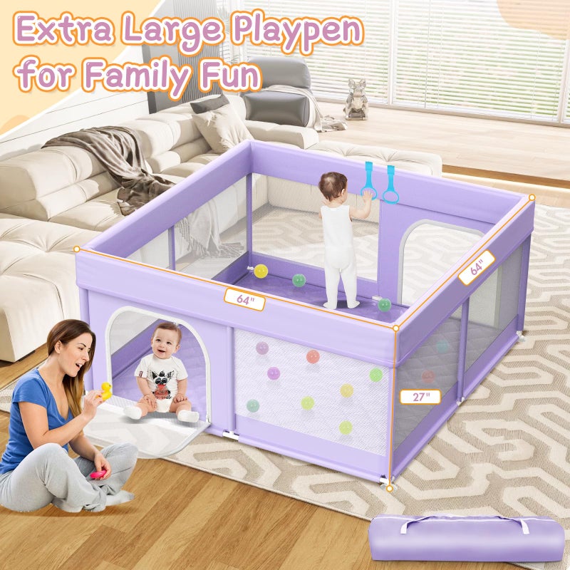 Abdtech Baby Playpen with Mat 64"x64" - Playpen for Babies and Toddlers with Mat for Apartment - Play Yard with mat Included - Soft Breathable Mesh - All-Wrapped Sponge Play Pen with Handle & Bag (Purple) - Image 2