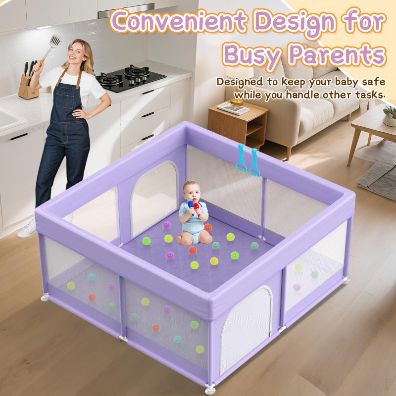 Abdtech Baby Playpen with Mat 64"x64" - Playpen for Babies and Toddlers with Mat for Apartment - Play Yard with mat Included - Soft Breathable Mesh - All-Wrapped Sponge Play Pen with Handle & Bag (Purple) - Image 4