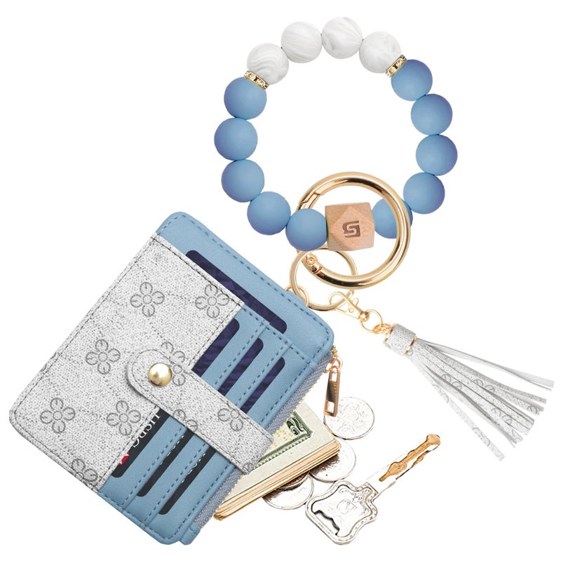COOLANS Wristlet Bracelet Keychain Pocket Credit Card Holder Purse Tassel Keychain Bangle Key Ring for Women (Silicone Bead Bracelet+Card Purse (Blue&White)) - Image 1