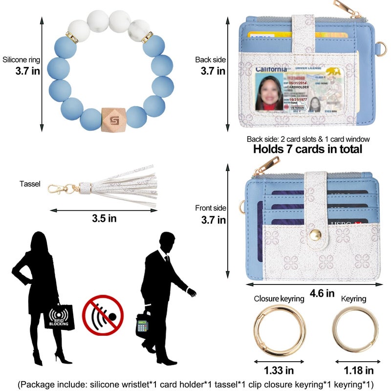 COOLANS Wristlet Bracelet Keychain Pocket Credit Card Holder Purse Tassel Keychain Bangle Key Ring for Women (Silicone Bead Bracelet+Card Purse (Blue&White)) - Image 2