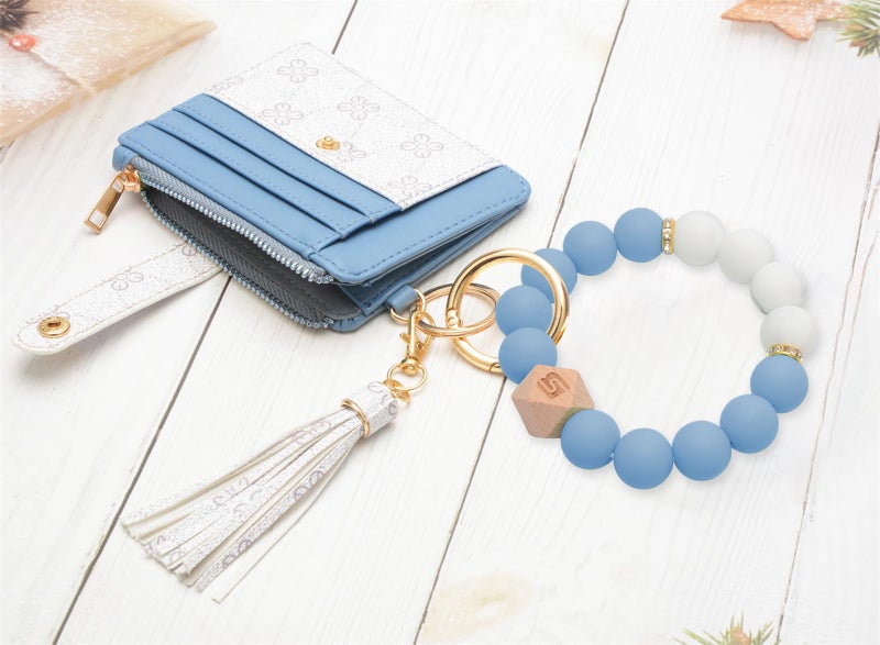 COOLANS Wristlet Bracelet Keychain Pocket Credit Card Holder Purse Tassel Keychain Bangle Key Ring for Women (Silicone Bead Bracelet+Card Purse (Blue&White)) - Image 4