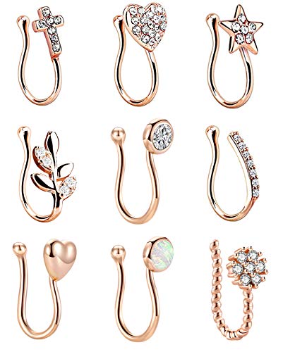 Masedy 9Pcs Fake Nose Rings Hoop Clip On Faux Setump Cartilage Tragus Ring Non Piercing Jewelry R - Image 1