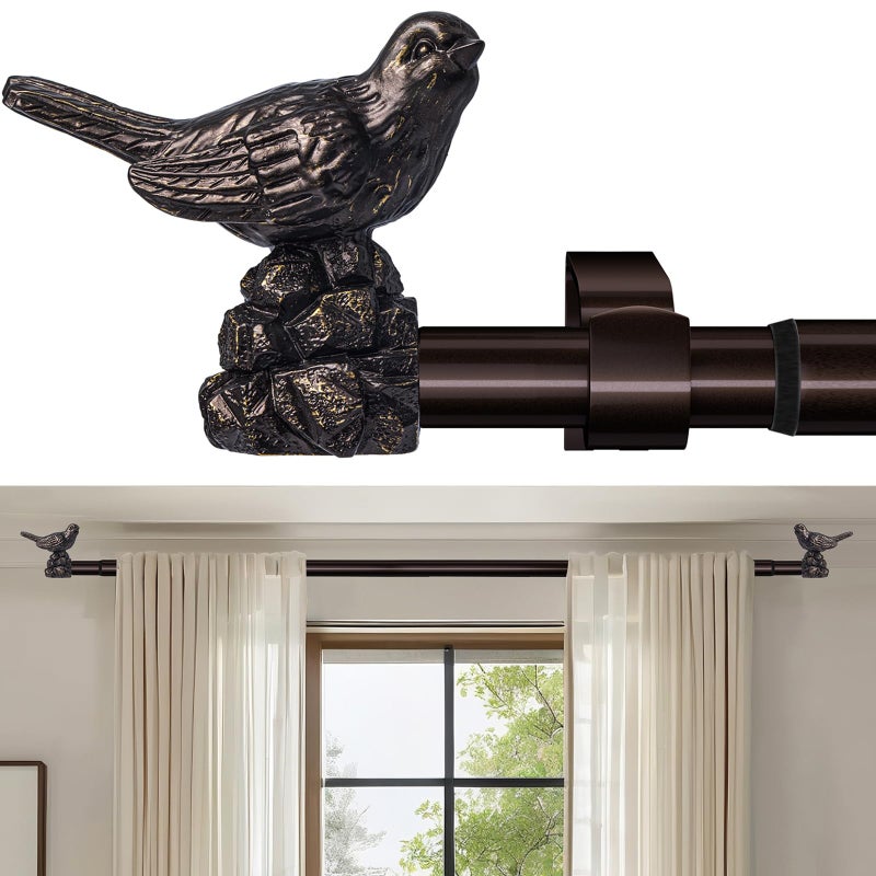KVEEO Bronze Curtain Rods 48"-90" Curtain Rods for Windows Adjustable Drapery Rod with Bird Finials Heavy Duty Window Curtain Rod for Living Room Bedroom - Image 1