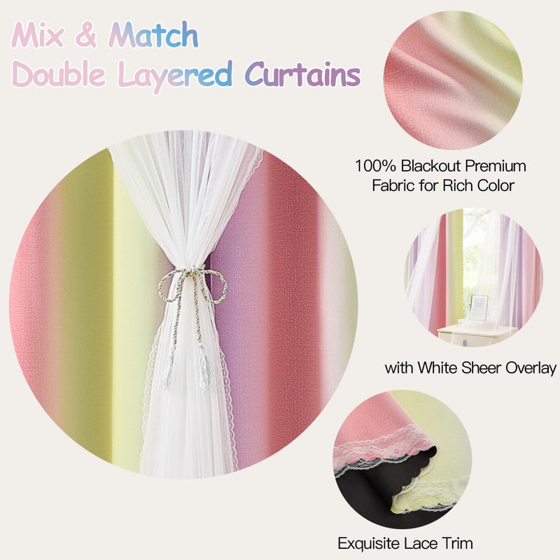 XiDi Blackout Curtains with Sheer Overlay for Girls Bedroom Double Layer Curtains for Kids Nursery Room Darkening Rainbow Princess Unicorn Wall Decals Pink Yellow Purple Grommet Top 2 Panels W34xL63 - Image 5