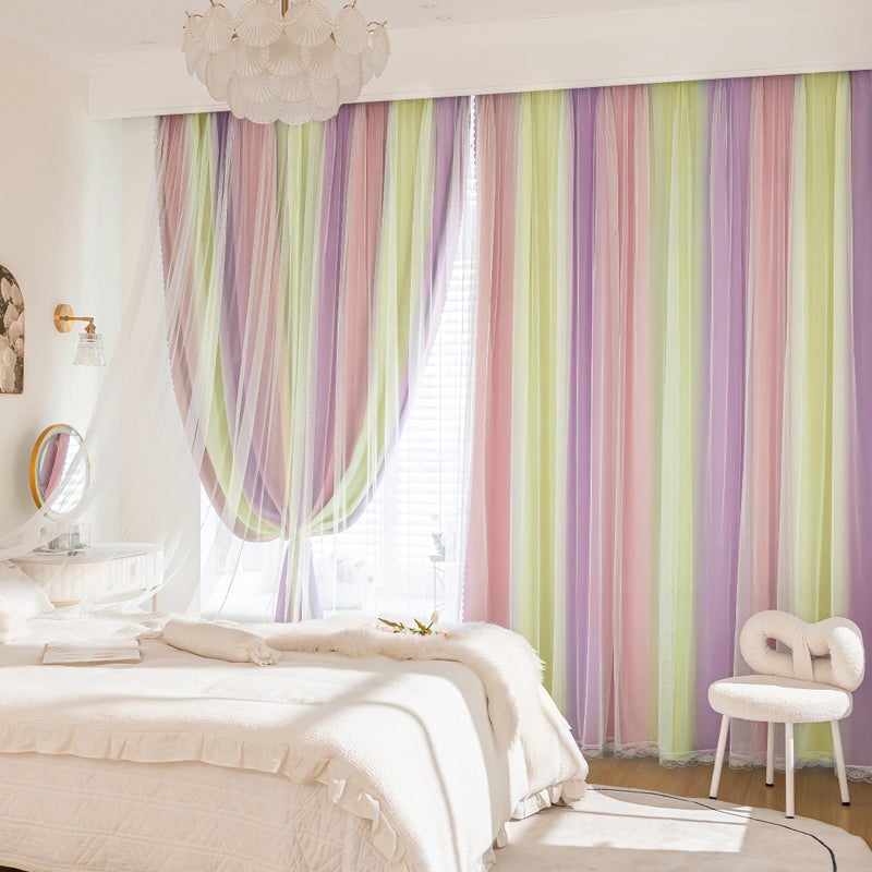XiDi Blackout Curtains with Sheer Overlay for Girls Bedroom Double Layer Curtains for Kids Nursery Room Darkening Rainbow Princess Unicorn Wall Decals Pink Yellow Purple Grommet Top 2 Panels W34xL63 - Image 3