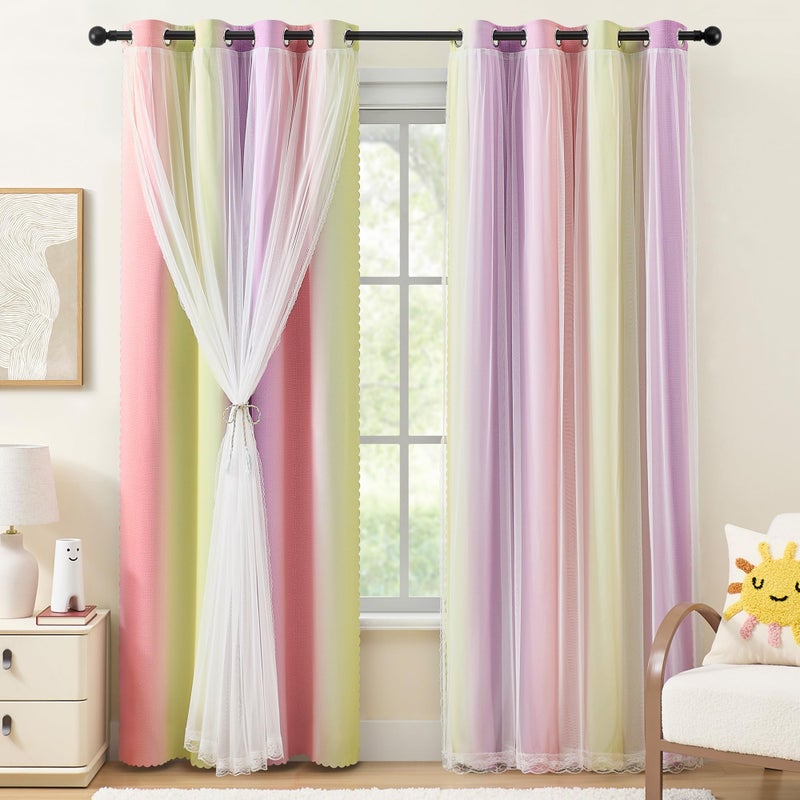 XiDi Blackout Curtains with Sheer Overlay for Girls Bedroom Double Layer Curtains for Kids Nursery Room Darkening Rainbow Princess Unicorn Wall Decals Pink Yellow Purple Grommet Top 2 Panels W34xL63 - Image 1