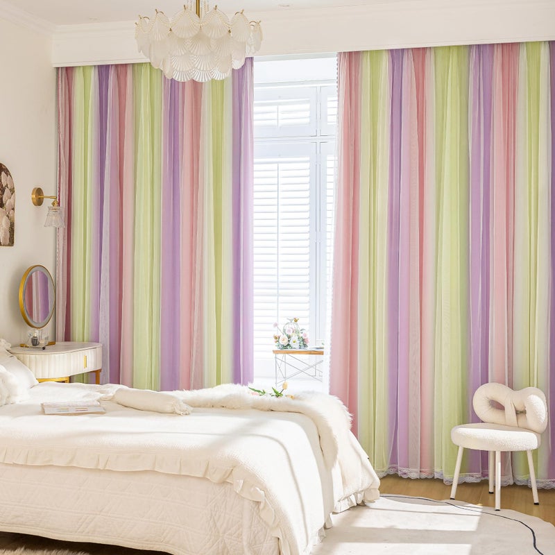 XiDi Blackout Curtains with Sheer Overlay for Girls Bedroom Double Layer Curtains for Kids Nursery Room Darkening Rainbow Princess Unicorn Wall Decals Pink Yellow Purple Grommet Top 2 Panels W34xL63 - Image 2