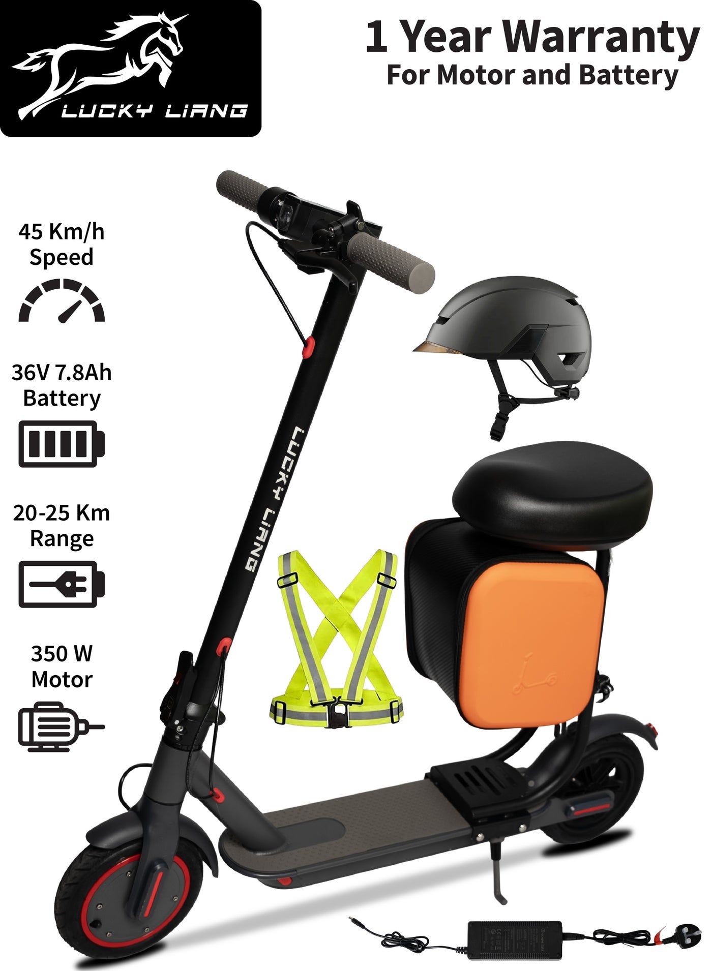 Lucky Liang L11 Plus Electric Scooter with Seat, 350W Motor, 36V 7.8Ah Battery, 25Km Range, Foldable E-Scooter, Comfortable & Lightweight Aluminium Frame – Includes Helmet & Safety Vest
