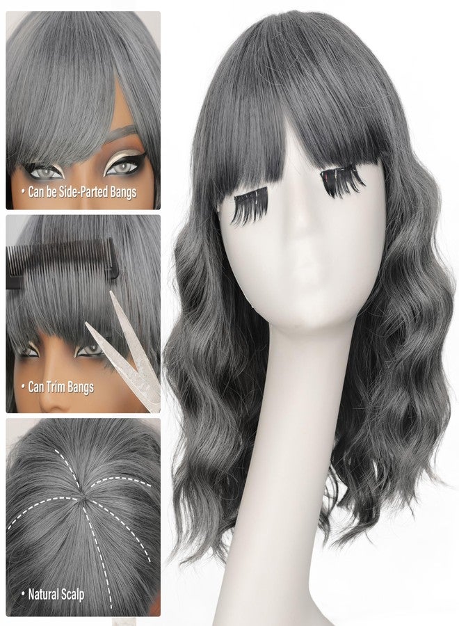 Nnzes Wig Bangs Dark Salt and Pepper Short Wavy Hair for Women Natural Looking Heat Resistant Bob Wigs with Synthetic Wig for Daily Party Use - Image 2