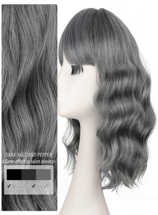 Nnzes Wig Bangs Dark Salt and Pepper Short Wavy Hair for Women Natural Looking Heat Resistant Bob Wigs with Synthetic Wig for Daily Party Use - Image 3