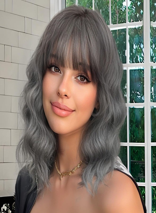 Nnzes Wig Bangs Dark Salt and Pepper Short Wavy Hair for Women Natural Looking Heat Resistant Bob Wigs with Synthetic Wig for Daily Party Use - Image 1
