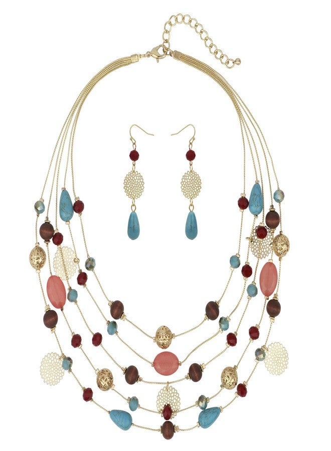 Coiris 5Layer Multi Color Beaded Illusion Wire Collar Statement Necklace with Earrings for Women (N0026-Blue+Wine) - Image 1