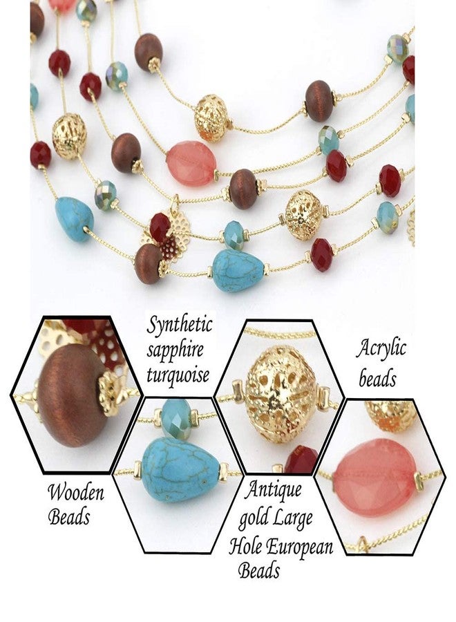 Coiris 5Layer Multi Color Beaded Illusion Wire Collar Statement Necklace with Earrings for Women (N0026-Blue+Wine) - Image 3