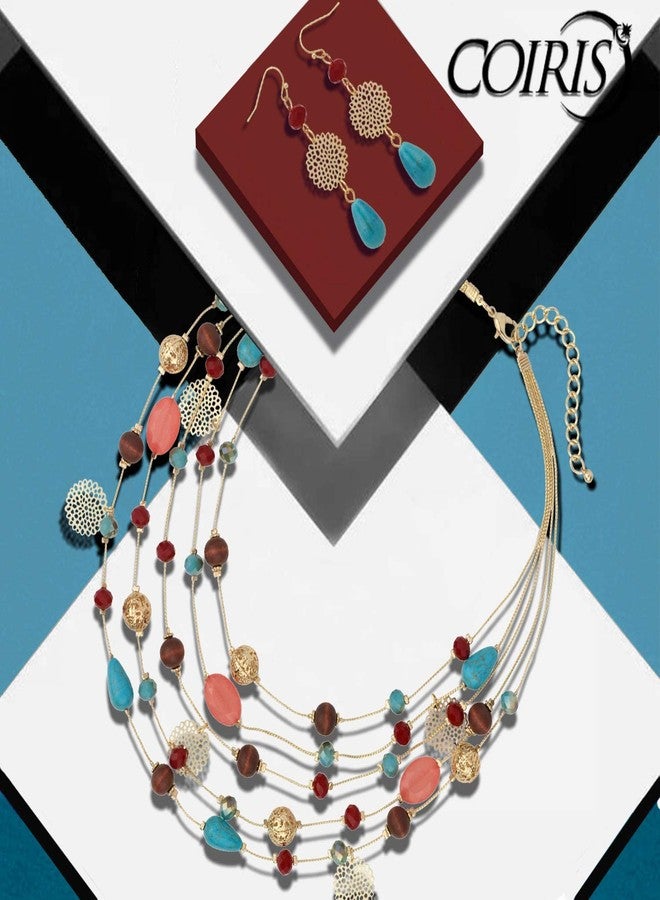 Coiris 5Layer Multi Color Beaded Illusion Wire Collar Statement Necklace with Earrings for Women (N0026-Blue+Wine) - Image 4