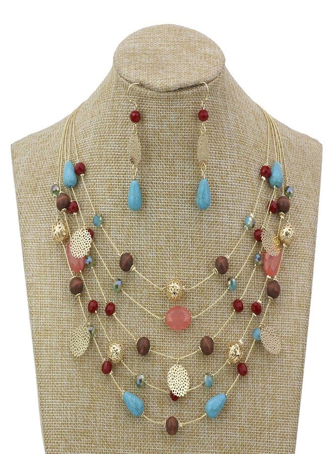 Coiris 5Layer Multi Color Beaded Illusion Wire Collar Statement Necklace with Earrings for Women (N0026-Blue+Wine) - Image 2