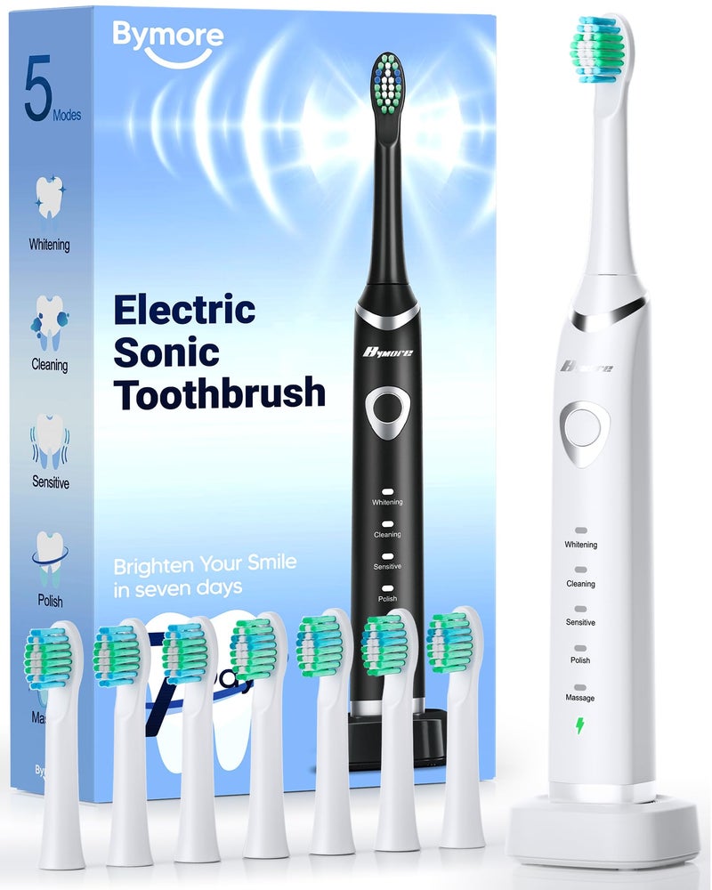 Bymore Electric Toothbrush for AdultsTravel Sonic Toothbrush with 8 Replacement Heads Ultra Clean RechargeableToothbrush Portable One Charge for 330days 5 Modes 2mins TimerWhite