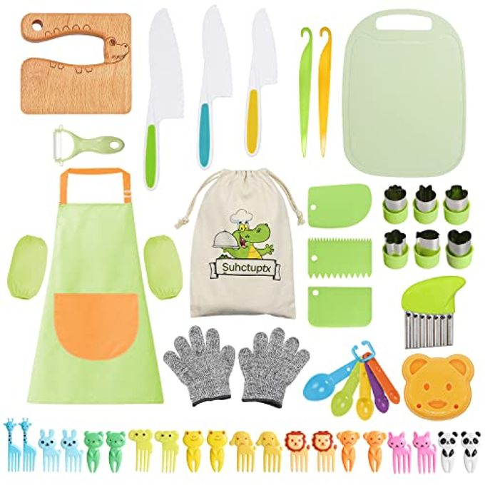 50PCS Kids Kitchen Cooking Set - Crocodile Wooden Kid Safe Knife Cutting Board Apron Gloves Fruit Vegetable Crinkle Cutters Peeler Serrated Edges Plastic Toddlers Knives, Kids Knifes for Real Cooking