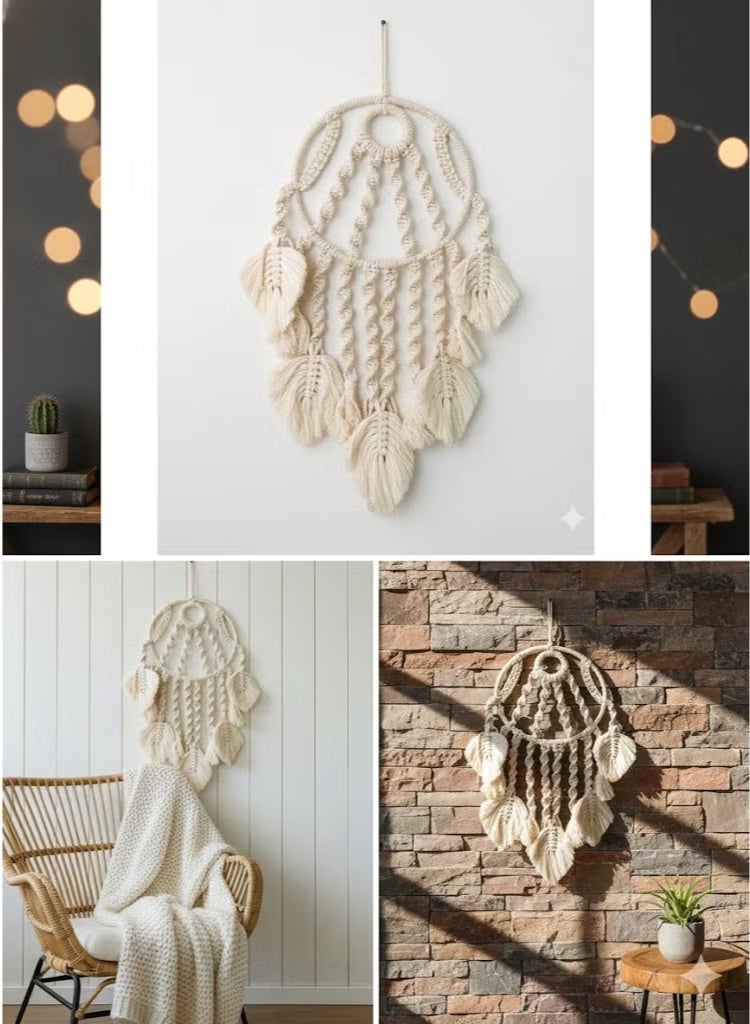 انتيكيانو مكرمية حائط هاند ميد بتصميم دريم كاتشر، مصنوعة من خيوط قطنية طبيعية مع شرّابات أنيقة، تضيف لمسة بوهيمية دافئة لأي مساحة داخلية. - Image 3