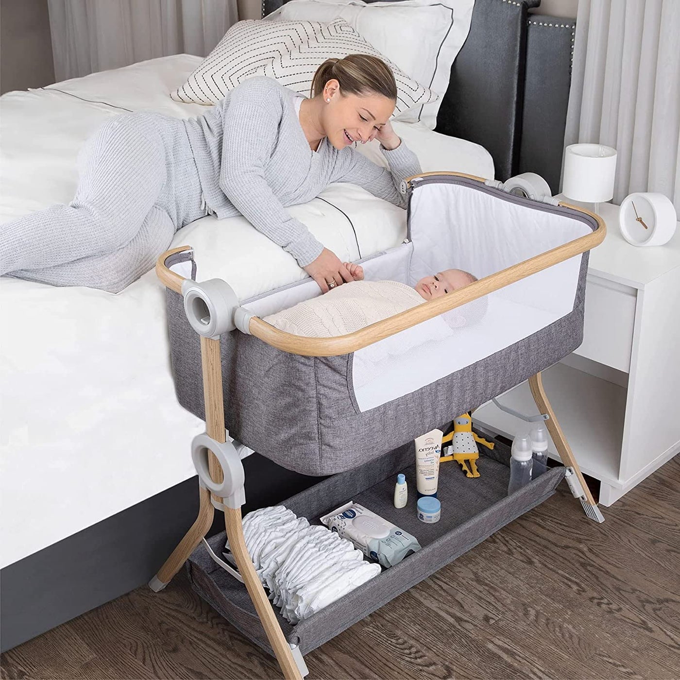 KoolerThings Baby Bassinet Bedside Sleeper for Baby Easy Folding Portable Crib with Storage Basket for Newborn Bedside Bassinet Comfy MattressTravel Bag Included