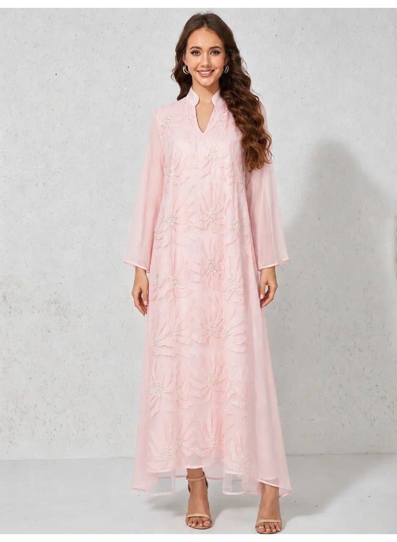 Kaiyuede Women's Light Pink Polyester Jalabiya Tonal Floral Sparkling Sequin Embroidery Stand Split V Neck Loose Long Sleeve Opaque Lined Modest Maxi Dress For Eid Daily Wear S-XXL - Image 1
