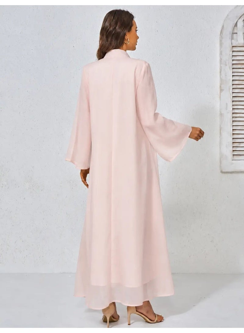 Kaiyuede Women's Light Pink Polyester Jalabiya Tonal Floral Sparkling Sequin Embroidery Stand Split V Neck Loose Long Sleeve Opaque Lined Modest Maxi Dress For Eid Daily Wear S-XXL - Image 2