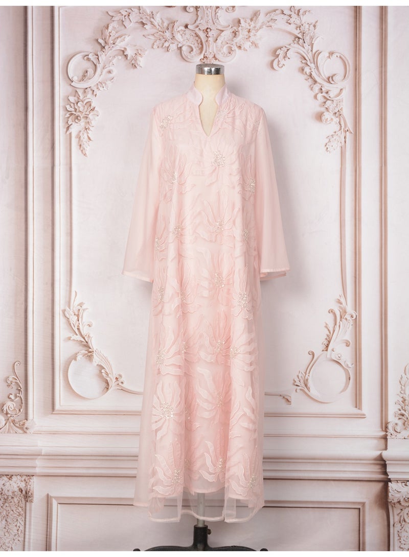 Kaiyuede Women's Light Pink Polyester Jalabiya Tonal Floral Sparkling Sequin Embroidery Stand Split V Neck Loose Long Sleeve Opaque Lined Modest Maxi Dress For Eid Daily Wear S-XXL - Image 4