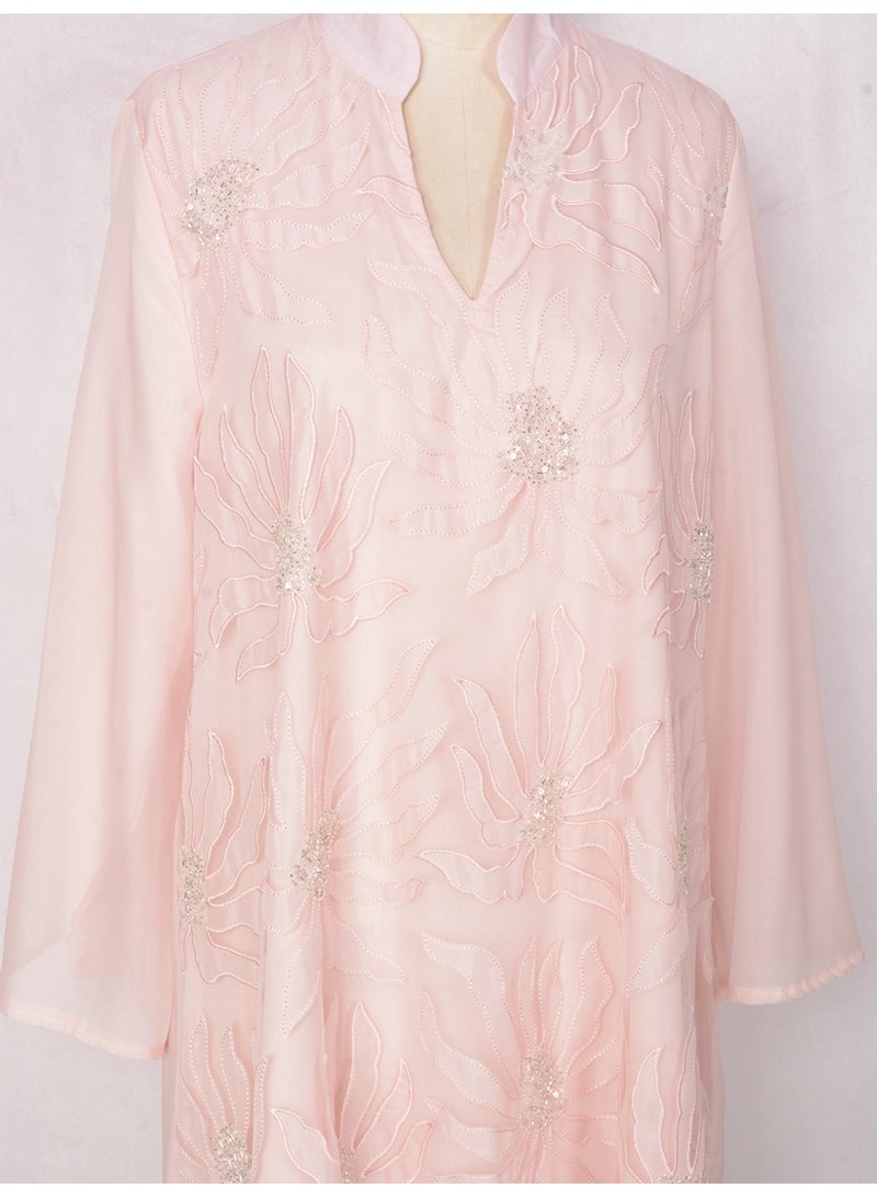 Kaiyuede Women's Light Pink Polyester Jalabiya Tonal Floral Sparkling Sequin Embroidery Stand Split V Neck Loose Long Sleeve Opaque Lined Modest Maxi Dress For Eid Daily Wear S-XXL - Image 5