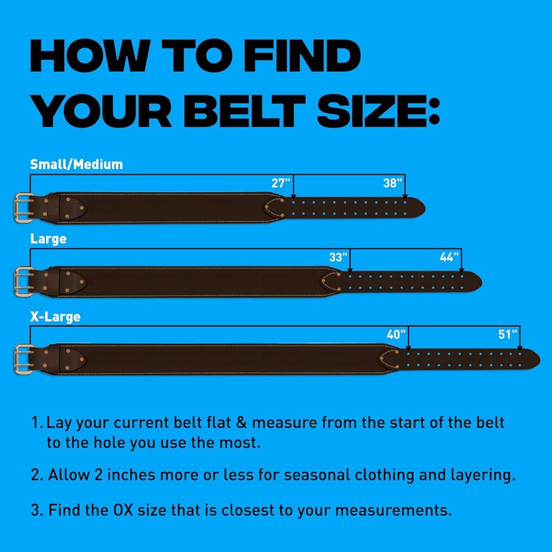 Ox Pro Small/Medium 3" Wide Full Grain Leather Tool Belt with Double Stitched Construction Belt with Rivets - 27" to 38" Belt Length - -P263301 - Image 5
