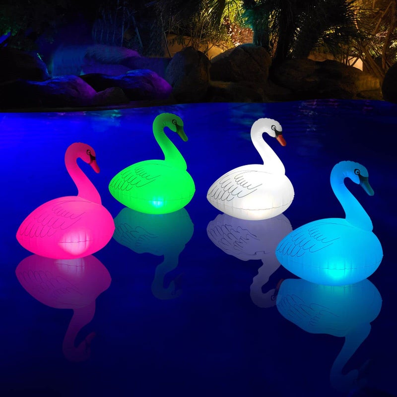 Goallim Swan Floating Pool Lights Solar 4 PK, Inflatable IP68 Waterproof Auto Color Changing Led Glow Swan Pool Lights, Bright Solar Swan Pool Light Accessories for Pathway Yard Party Decor - Image 1