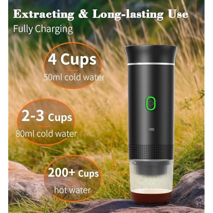 إل&إي ماكينة صنع قهوة إسبريسو كهربائية محمولة من هيلي مع تسخين ذاتي لمدة 35 دقيقة، وماكينة صنع قهوة صغيرة للسفر بالسيارة مع بطارية 8500 مللي أمبير/ساعة، متوافقة مع كبسولات القهوة المطحونة للاستخدام المنزلي والمكتب، باللون الأسود - Image 2