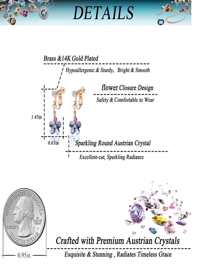 EVEVIC Austrian Crystal Flower Drop Clip On Earrings for Women Non Pierced 14K Rose Gold Plated Hypoallergenic Dangle Earring Jewelry (Vitrail Light) - Image 4