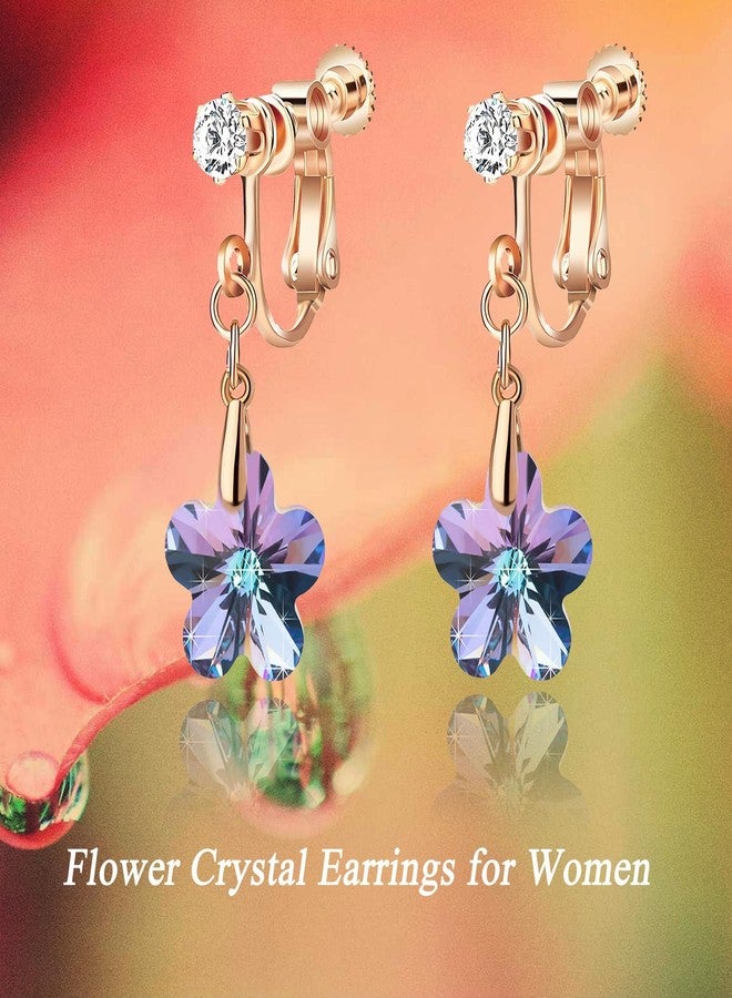 EVEVIC Austrian Crystal Flower Drop Clip On Earrings for Women Non Pierced 14K Rose Gold Plated Hypoallergenic Dangle Earring Jewelry (Vitrail Light) - Image 3