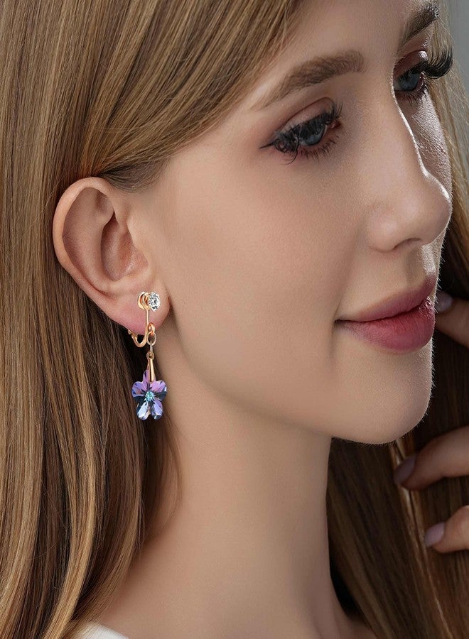 EVEVIC Austrian Crystal Flower Drop Clip On Earrings for Women Non Pierced 14K Rose Gold Plated Hypoallergenic Dangle Earring Jewelry (Vitrail Light) - Image 2