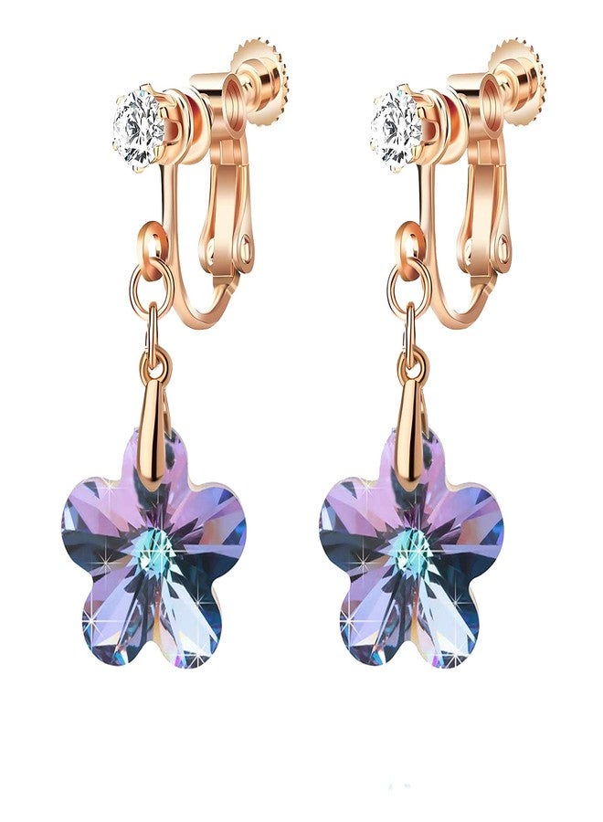 EVEVIC Austrian Crystal Flower Drop Clip On Earrings for Women Non Pierced 14K Rose Gold Plated Hypoallergenic Dangle Earring Jewelry (Vitrail Light) - Image 1