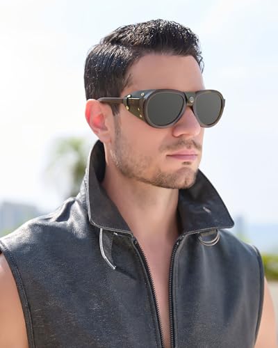 MACJERO Retro Aviator Steampunk Polarized Sunglasses with Leather Side Shield Vintage Goggles Gothic Eyewear for Men Women(Green) - Image 3