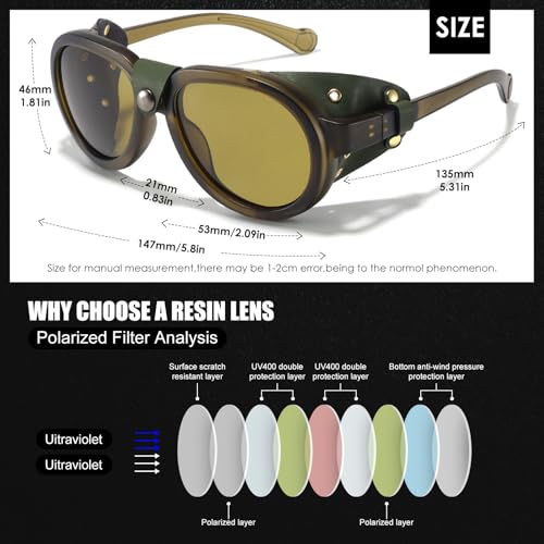 MACJERO Retro Aviator Steampunk Polarized Sunglasses with Leather Side Shield Vintage Goggles Gothic Eyewear for Men Women(Green) - Image 5