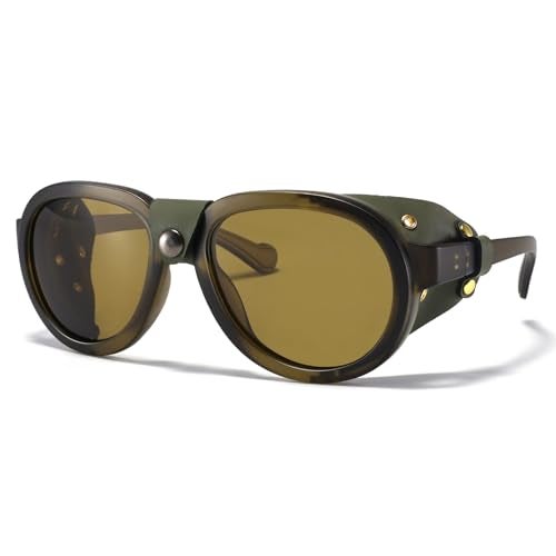 MACJERO Retro Aviator Steampunk Polarized Sunglasses with Leather Side Shield Vintage Goggles Gothic Eyewear for Men Women(Green) - Image 2