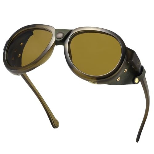 MACJERO Retro Aviator Steampunk Polarized Sunglasses with Leather Side Shield Vintage Goggles Gothic Eyewear for Men Women(Green) - Image 1