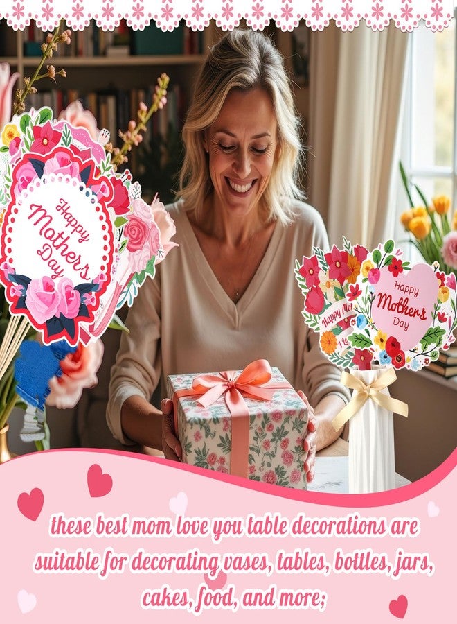 Rotatingpals 24 Pcs Happy Mother's Day Party Centerpiece Sticks Best Mom Love You Table Decorations Pink Flowers Table Toppers for Mother's Day Party Decoration Supplies Cake - Image 2