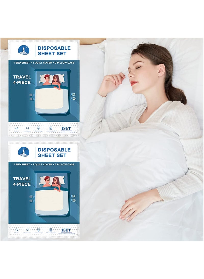 KASTWAVE طقمان من ملاءات السرير التي تستخدم لمرة واحدة وغطاء لحاف وغطاء وسادة للسفر، طقم ملاءات سرير محمول للاستخدام لمرة واحدة وجاهز للاستخدام (سفر مكون من 4 قطع مزدوجة) مجموعتان  - Image 1