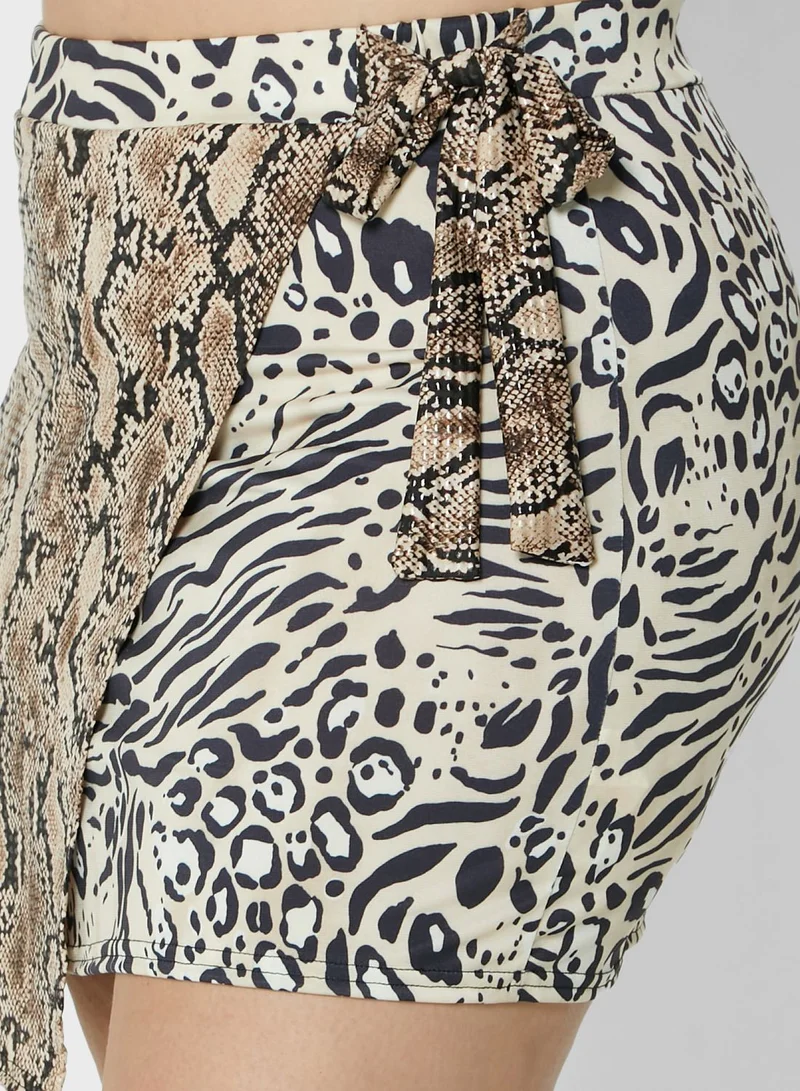 I Saw It First Curve Stone Plus Size Spliced Print  Wrap Front Skirt