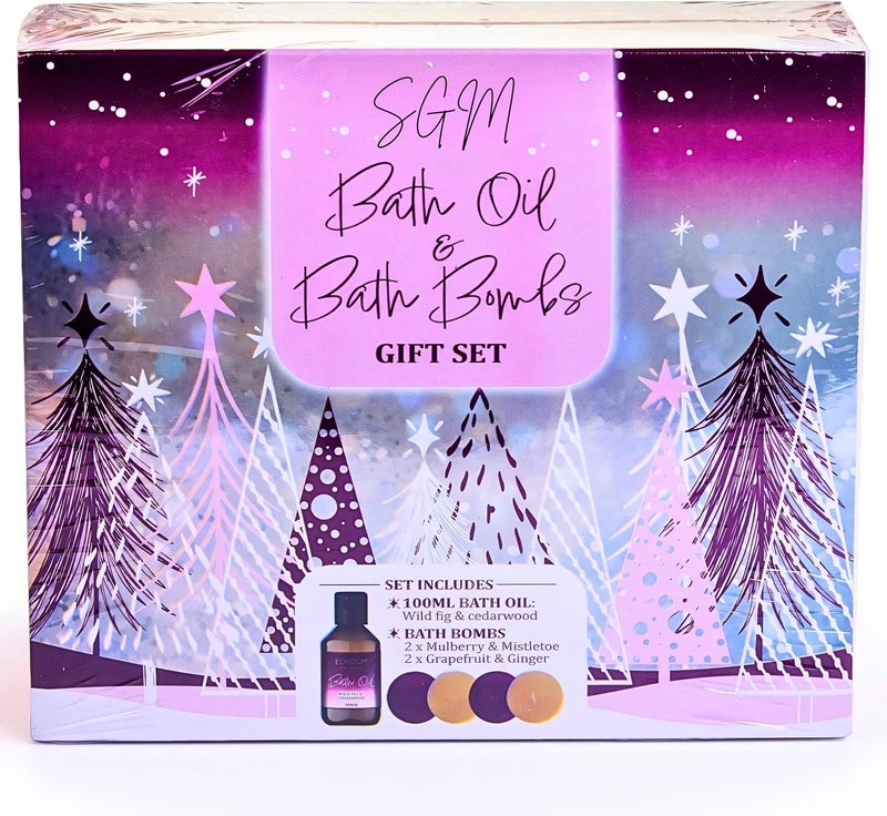 SGM Fig Cedarwood 3pc Bath Gift Set Luxurious Spa Bath Oil Bath Bombs Fig Cedarwood Mulberry Mistletoe Grapefruit Ginger Scents Perfect Relaxation Gift ELY1204