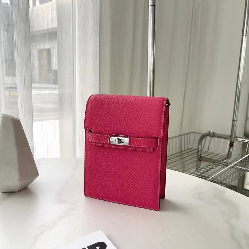 Genuine Leather Kelly Vertical Mobile Phone Bag Simple Top Layer Litchi Pattern Single Shoulder Oblique Cowhide Women'S All-Match Silver Button Bag - Image 1
