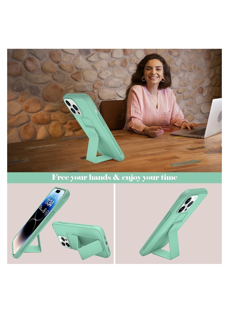 Case Compatible with iPhone 15 Pro Max Case Magnetic Car Mount Kickstand & Holder, Premium Silicone Vertical & Horizontal Hand Strap and Grip with Multi Stand (Mint) - Image 5
