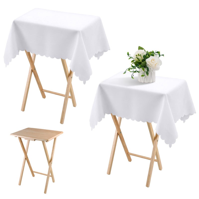 Oudain 2 Pcs Small Tablecloth Washable Fabric Folding TV Tray Table Cloth Polyester Solid Color Nightstand Cover for Bedside Table Side Outdoor Indoor (White,24 x 36 Inch,Lace Edge) - Image 1