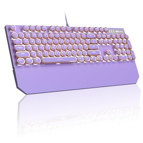 MageGee Typewriter Mechanical Gaming Keyboard Retro Punk Purple Round Keycaps 104 Keys LED White Backlit Wired Keyboards for Laptop MAC PC Gamer with Magnetic Wrist Rest Blue Switch - Image 1