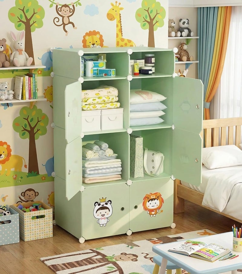 ELINDOR 8-Door Kids Plastic Wardrobe for Clothes | Baby Almirah Plastic Cupboard for Storage | Collapsible Foldable Kids Cupboard Organizer with Shelves for Toys & Clothing (C5 - Green, 6+2-Cube) - Image 1