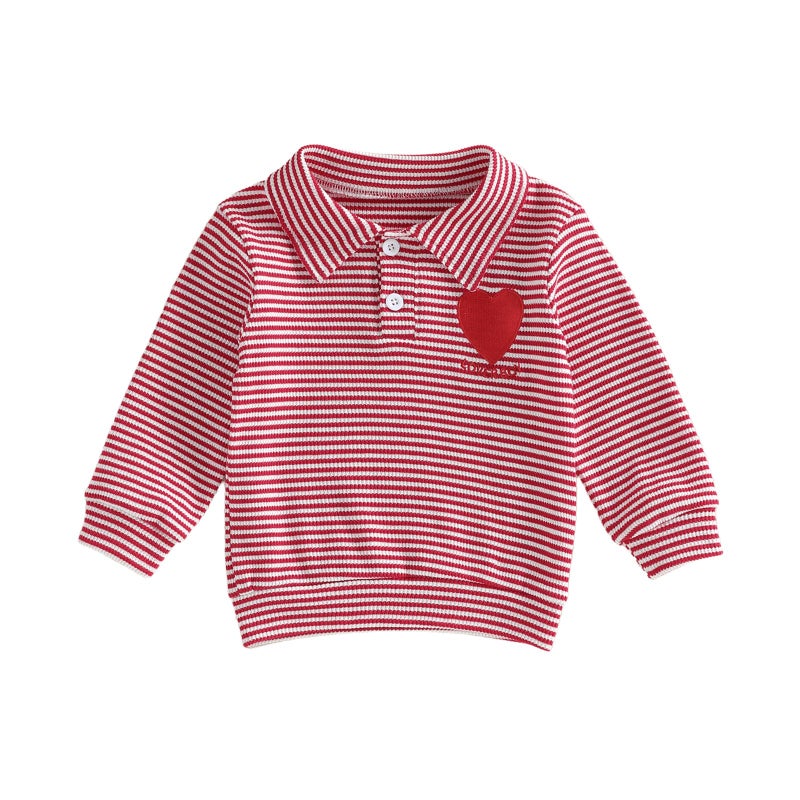 GOOCHEER Toddler Baby Boy Valentineâ€™s Day Outfit Heart Letter Embroidery Waffle Striped Long Sleeve Polo Shirt Button-up Pullover Top (Red, 18-24 Months) - Image 1